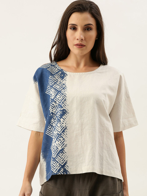 

MERAKI Women Off-White & Blue Printed Boxy Linen Sustainable Top