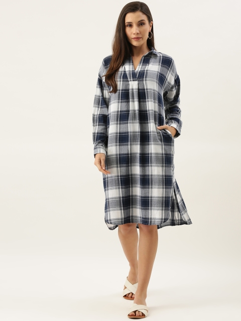

MERAKI Women Navy Blue & White Dyed Check High-Low Sustainable Shirt Dress