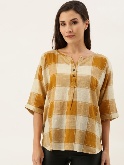 

MERAKI Women Mustard Yellow & Off-White Checked Sustainable Top With Gathered Detail