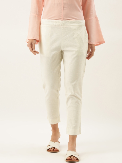 

MERAKI Women Off-White Slim Fit Solid Cropped Sustainable Cigarette Trousers