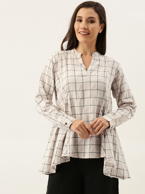 

MERAKI Women Beige & Black Checked Sustainable A-Line Linen Top With Flared Detail