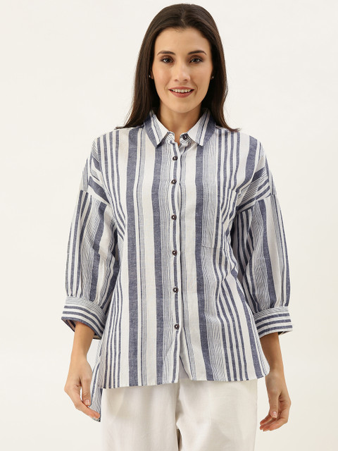 

MERAKI Women White & Navy Blue Boxy Striped Sustainable Casual Shirt