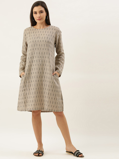

MERAKI Women Beige & Black Self-Striped Linen Sustainable A-Line Dress