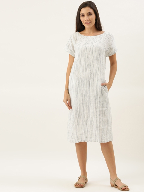 

MERAKI Women White & Black Dye Striped Linen Sustainable Sheath Dress