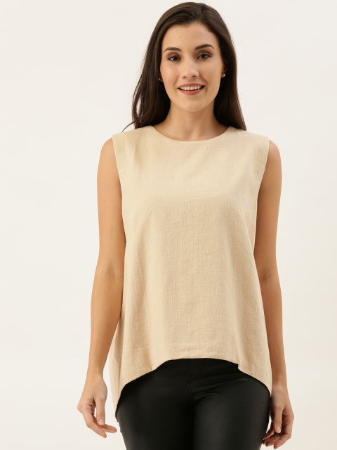 

MERAKI Women Beige Solid Sustainable High-Low Pure Cotton Top