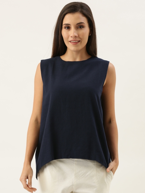 

MERAKI Women Navy Blue Solid Sustainable High-Low Pure Cotton Top
