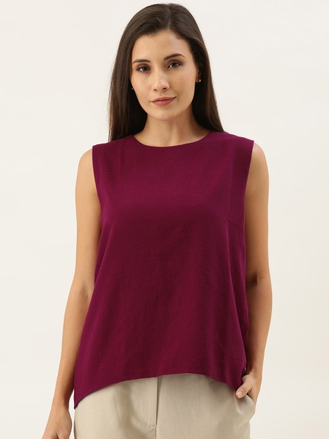

MERAKI Women Burgundy Solid Pure Cotton Top