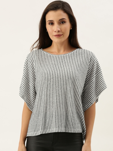 

MERAKI Women White & Black Dyed Striped Round Neck Sustainable Linen T-shirt
