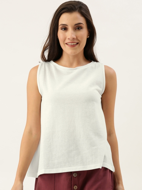 

MERAKI Women White Solid Sustainable Boat Neck T-shirt