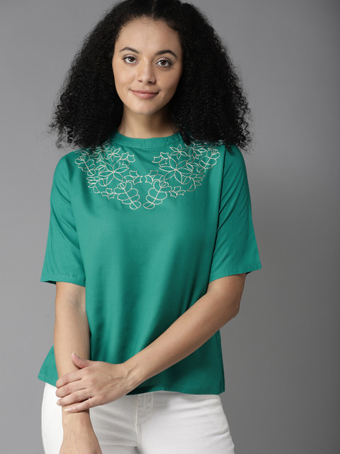 

HERE&NOW Women Teal Green Embroidered Top
