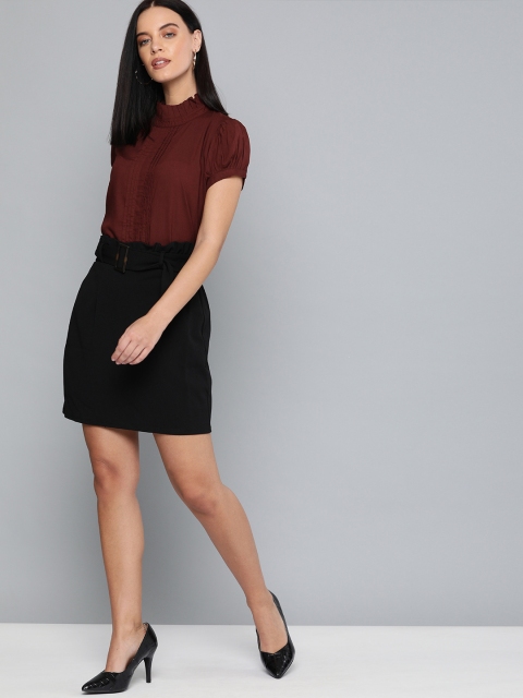 

HERE&NOW Women Maroon Solid Front Pleated Top
