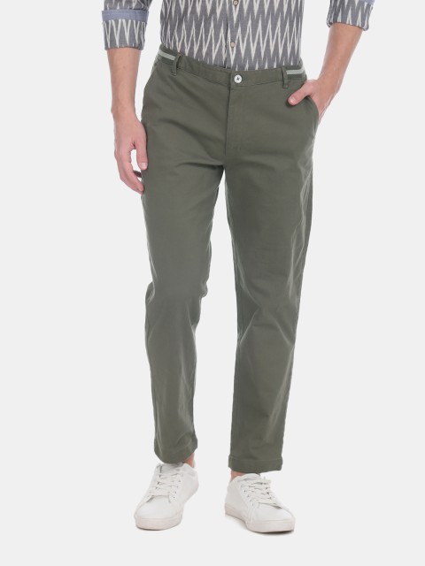

Flying Machine Men Olive Green Slim Fit Solid Regular Trousers
