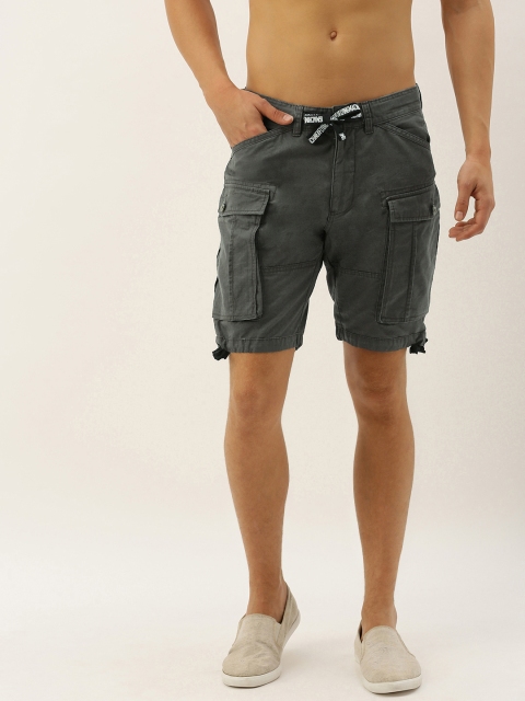 

Flying Machine Men Charcoal Grey Solid Slim Fit Cargo Shorts