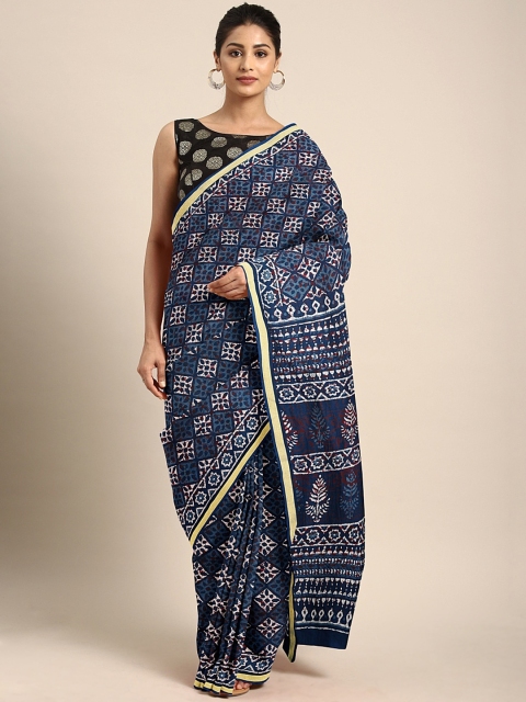 

aamna Blue & Beige Pure Cotton Dabu Printed Bagru Saree