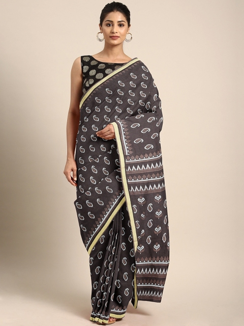

aamna Charcoal Grey Pure Cotton Printed Bagru Saree