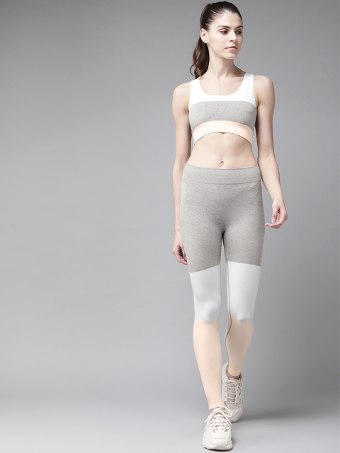 

VOXATI Women Grey Melange & White Colourblocked Sports Bra & Tights Gym Yoga Training Set