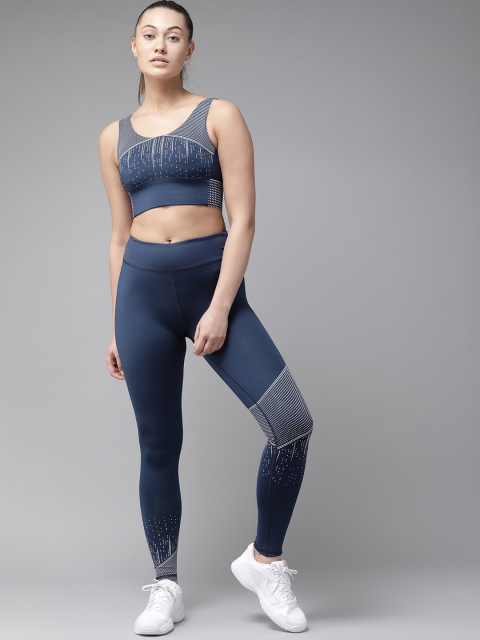 

VOXATI Women Navy Blue & White Printed Sports Bra & Tights Gym Yoga Training Set