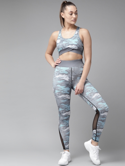 

VOXATI Women Grey & Blue Camouflage Print Sports Bra & Tights Training Set