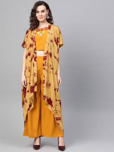 

Cottinfab Women Mustard Yellow & Maroon Printed Top with Palazzos