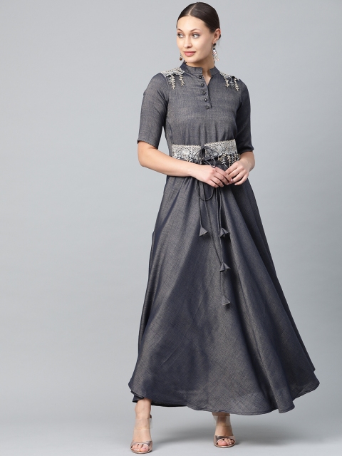 

Cottinfab Women Charcoal Grey & Navy Blue Dual-Tone Solid Maxi Dress