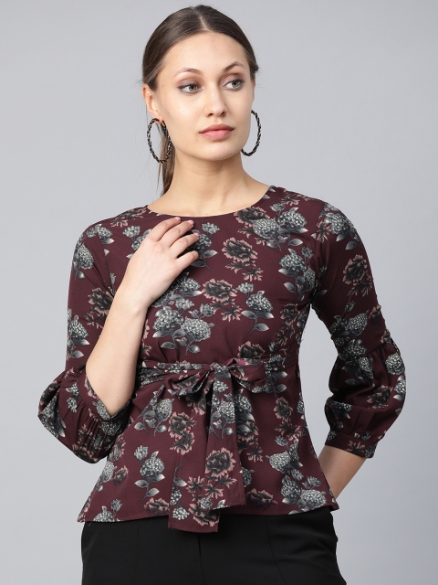 

Cottinfab Women Burgundy & Green Floral Printed Top