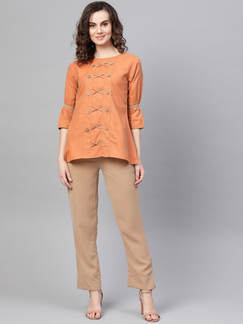 

Cottinfab Women Orange & Beige Self Design Top with Trousers