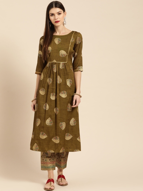 

Libas Women Olive Green & Golden Printed Kurta with Trousers