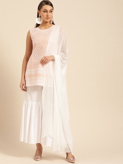

Libas Women Peach-Coloured & White Schiffli Embroidered Kurta with Sharara & Dupatta