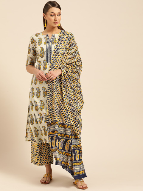 

Libas Women Off-White & Navy Blue Printed Kurta with Palazzos & Dupatta