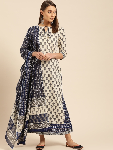 

Libas Women Off-White & Navy Blue Printed Kurta with Palazzos & Dupatta