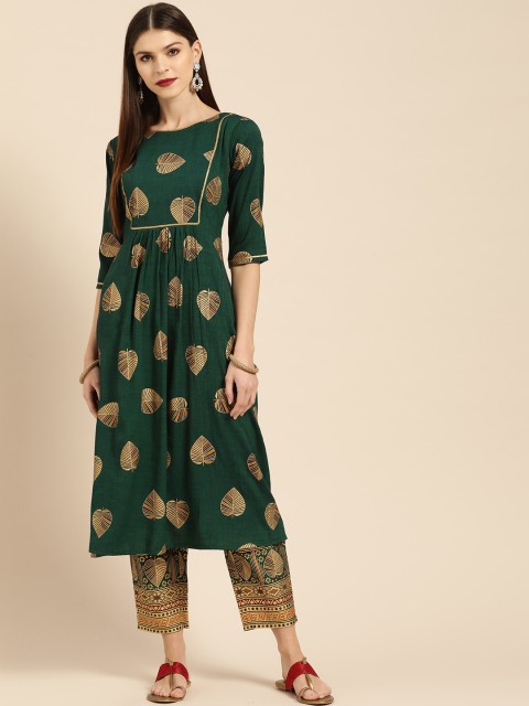 

Libas Women Green & Golden Printed Kurta with Trousers