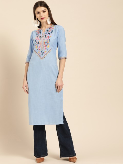 

Libas Women Blue & Pink Embroidered Yoke Design Linen Straight Kurta