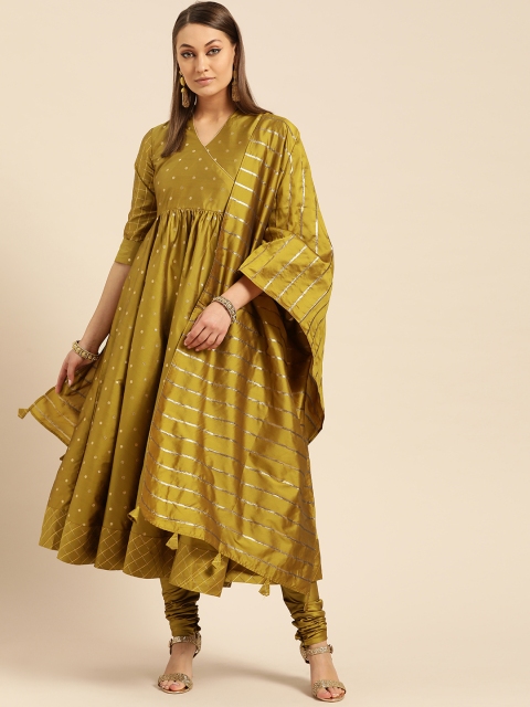 

Libas Women Green & Golden Zari Woven Design Angrakha Kurta with Churidar & Dupatta