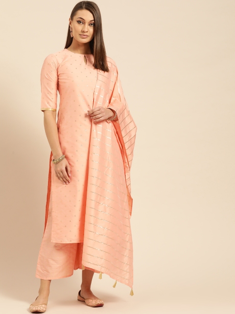 

Libas Women Peach-Coloured & Golden Zari Woven Design Kurta with Palazzos & Dupatta