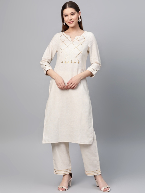 

clorals Women Off-White & Golden Yoke Design Kurta with Trousers