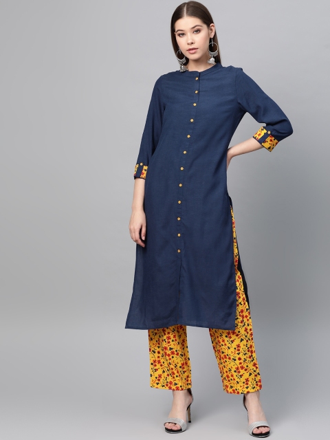 

clorals Women Navy Blue & Yellow Solid Kurta with Trousers