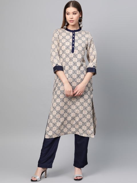 

clorals Women Taupe & Navy Blue Printed Kurta with Trousers