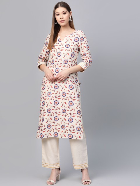 

clorals Women Beige & Red Printed Kurta with Trousers