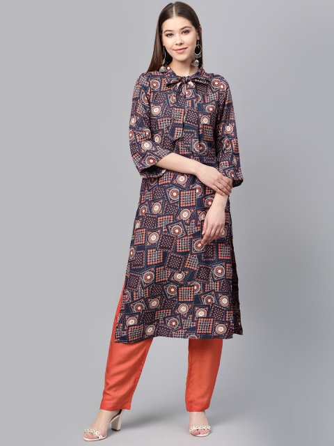 

clorals Women Navy Blue & Orange Printed Kurta with Trousers