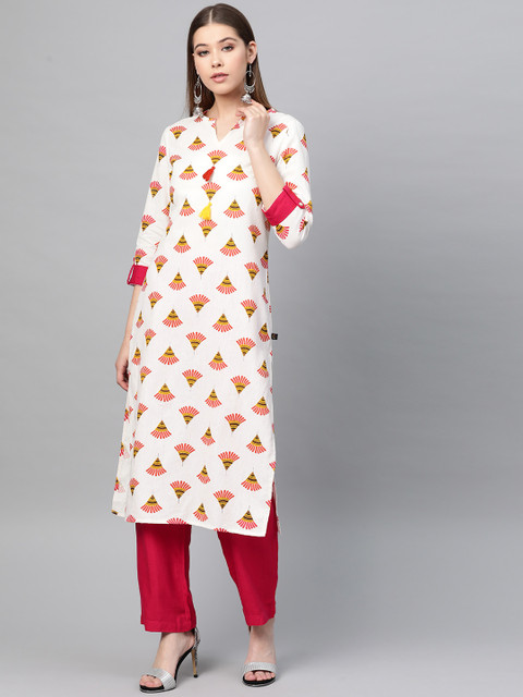 

clorals Women Off-White & Red Printed Kurta with Trousers