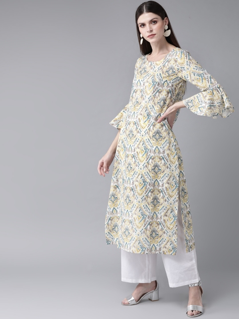 

AKS Women White & Grey Printed Straight Kurta