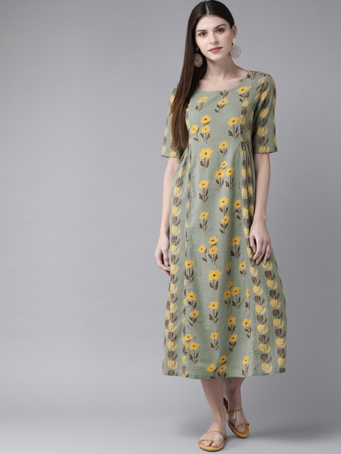

AKS Women Green & Yellow Printed A-Line Dress