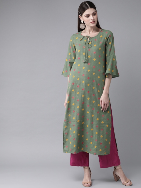 

AKS Women Green & Yellow Printed Straight Kurta
