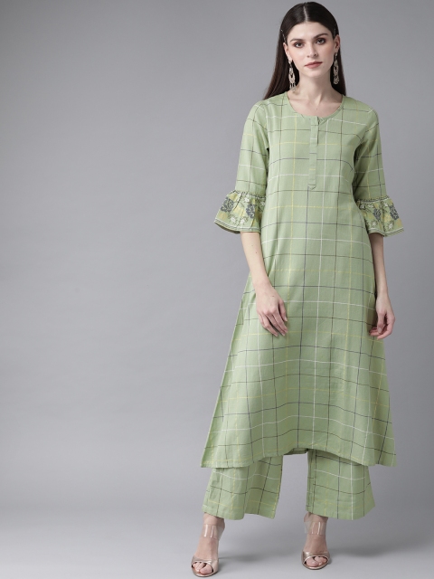 

AKS Women Green & Navy Blue Checked A-Line Kurta