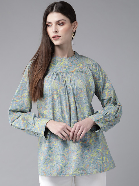 

AKS Women Blue & Yellow Printed Tunic