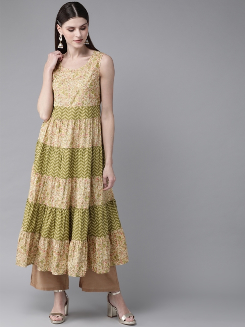 

AKS Women Cream-Coloured & Green Khari Print Tiered A-Line Kurta