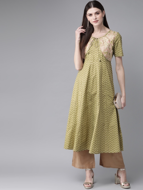 

AKS Women Green & Cream-Coloured Khari Print Layered A-Line Kurta