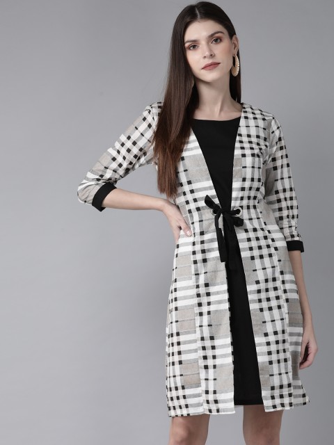 

AKS Women White & Black Checked Layered A-Line Dress