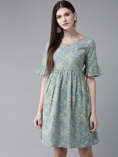 

AKS Women Blue & Yellow Printed A-Line Dress