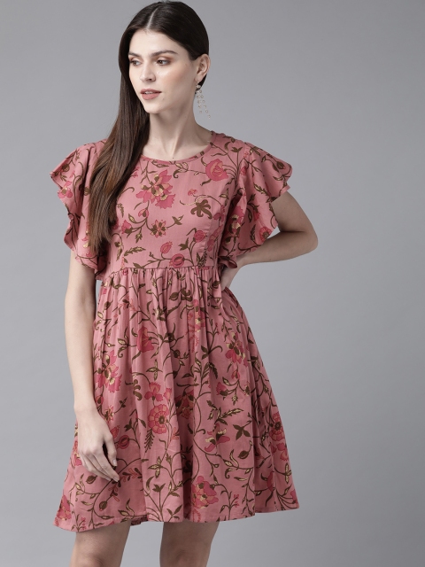 

AKS Women Pink & Olive Green Printed A-Line Dress
